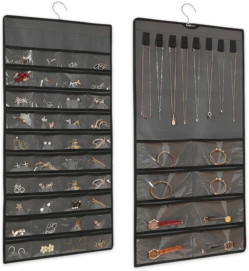 48-komorowy organizer na biżuterię, 43 x 78 cm, wiszący organizer na biżuterię z haczykiem, uchwyt na kolczyki montowany na ścianie, wiszący organiz