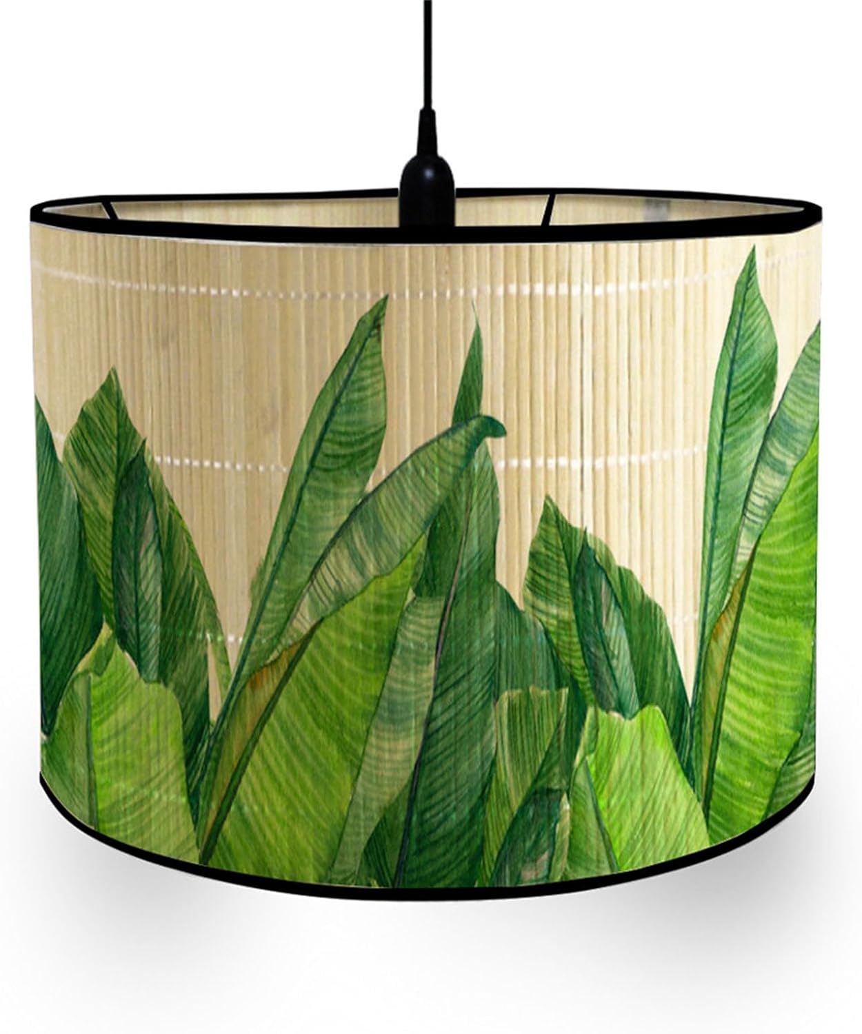 Abażur z bambusa, motyw liści tropikalnych w stylu vintage, średnica 30 cm, abażur do lampy bębnowej, abażur do lampy stołowej, abażury