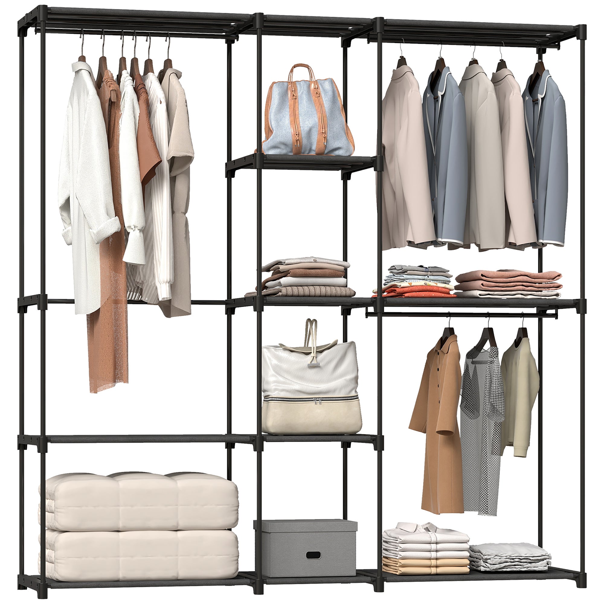 Ubrania Closet 182x43x185 cm Otwarty Closet z 8 Tkanina Półki Zawieszanie Drążki Czarny Metalowa rama