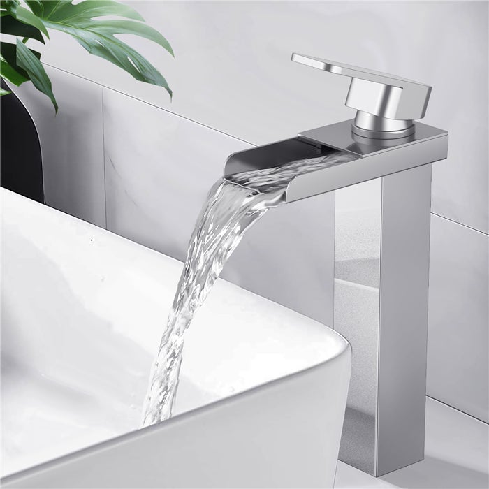 Kran łazienkowy Cascade High Jednouchwytowa bateria umywalkowa Chrom Nowoczesny design Kran Korpus ze stali nierdzewnej