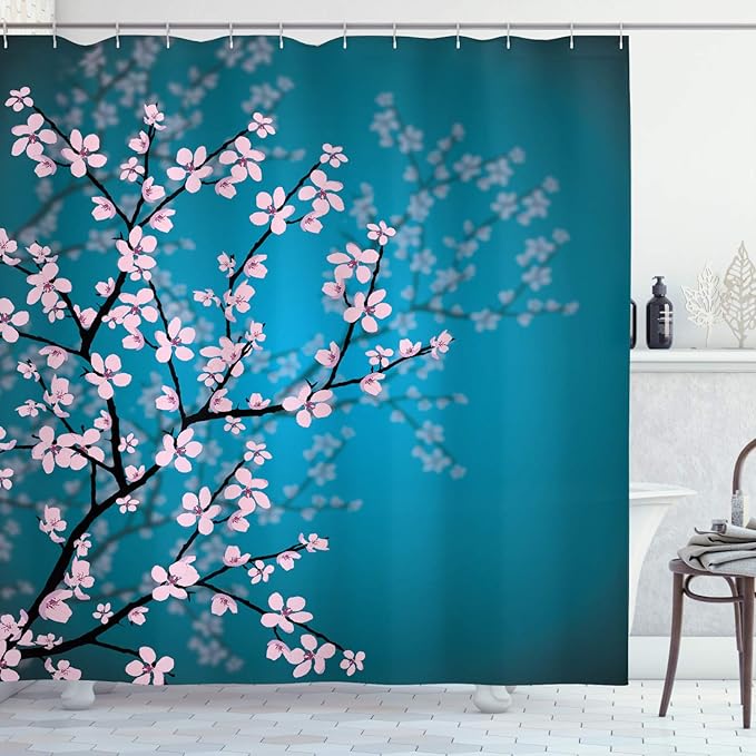 Motyw Kwitnącej Wiśni Sakura, Zestaw Materiałowy do Dekoracji Łazienki z Haczykami, 180 cm x 180 cm, Esencja Jasny Błękit Róż