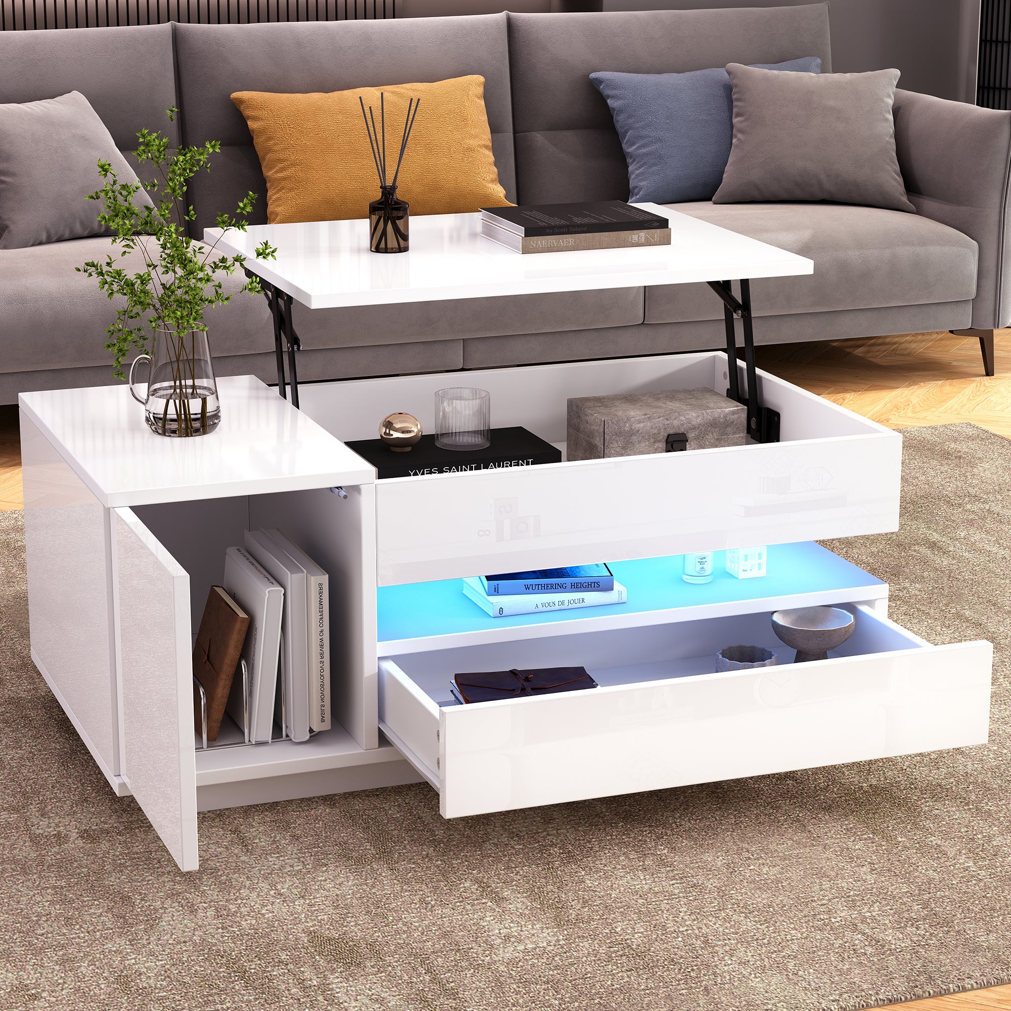 Taboret 95 x 50 x 34,5 cm, z oświetleniem LED, z regulowanymi elementami, biały, do codziennego użytku w domu