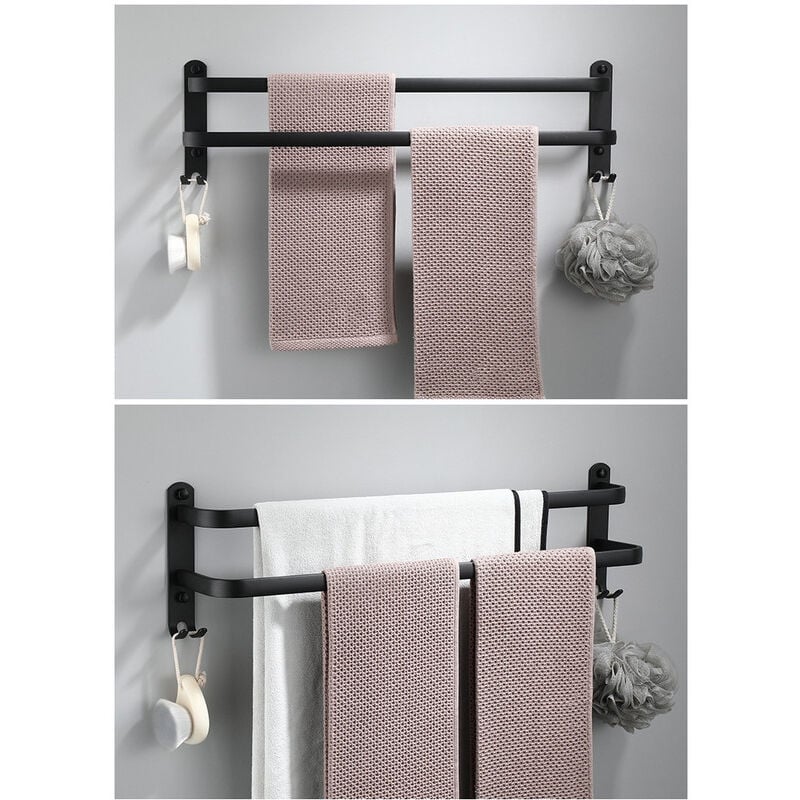 Aluminiowy wieszak na ręczniki do montażu ściennego - 2 poziomy - z haczykami - 40 cm - wodoodporny - czarny - do łazienki, kuchni, toalety