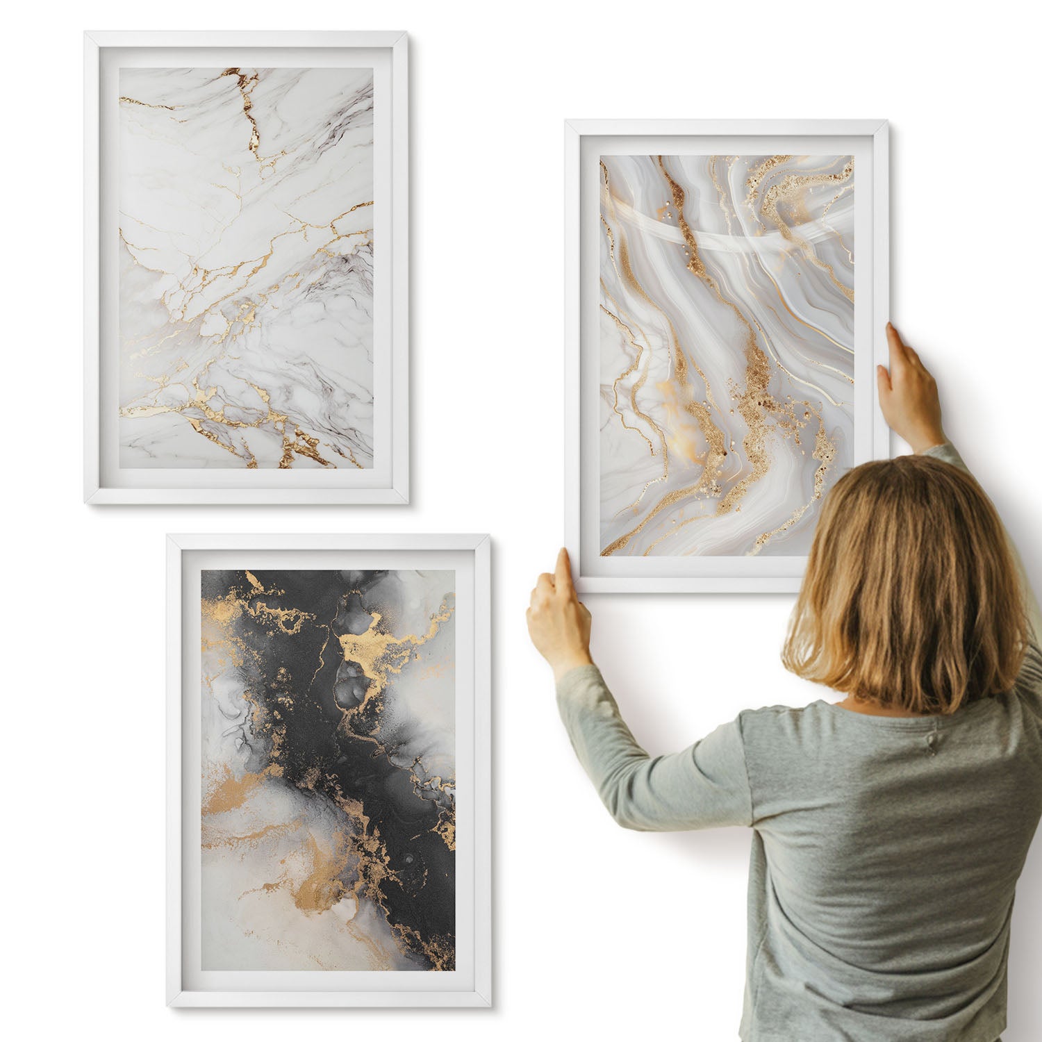 Galeria ścienna 3-częściowy komplet obrazów w białych ramach - Abstrakcyjne wzory w odcieniach bieli i czerni - ArtPrintCave