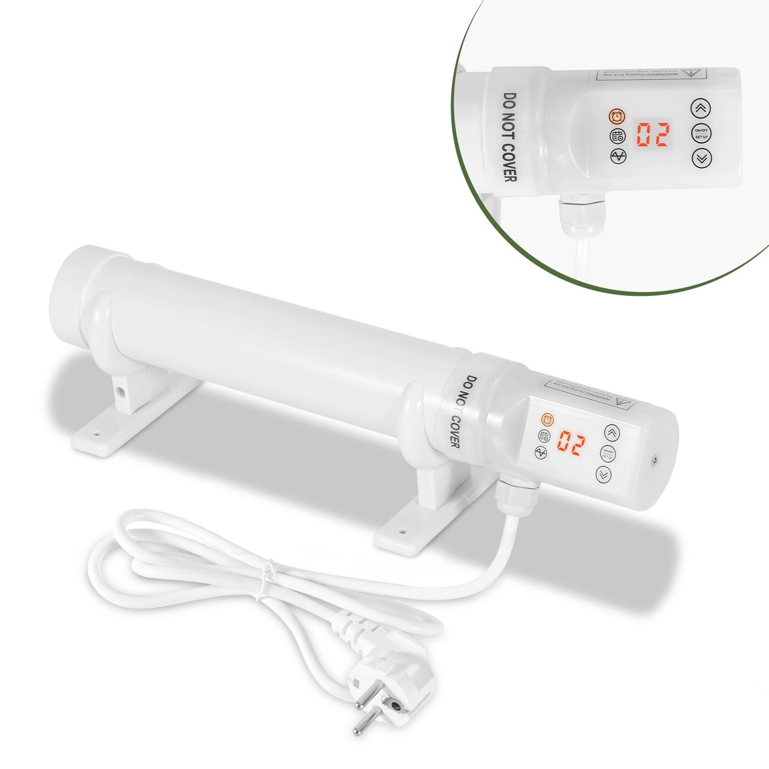 Elektryczny grzejnik rurowy 60 W do szklarni i hydroponiki, 340 mm, z timerem, biały