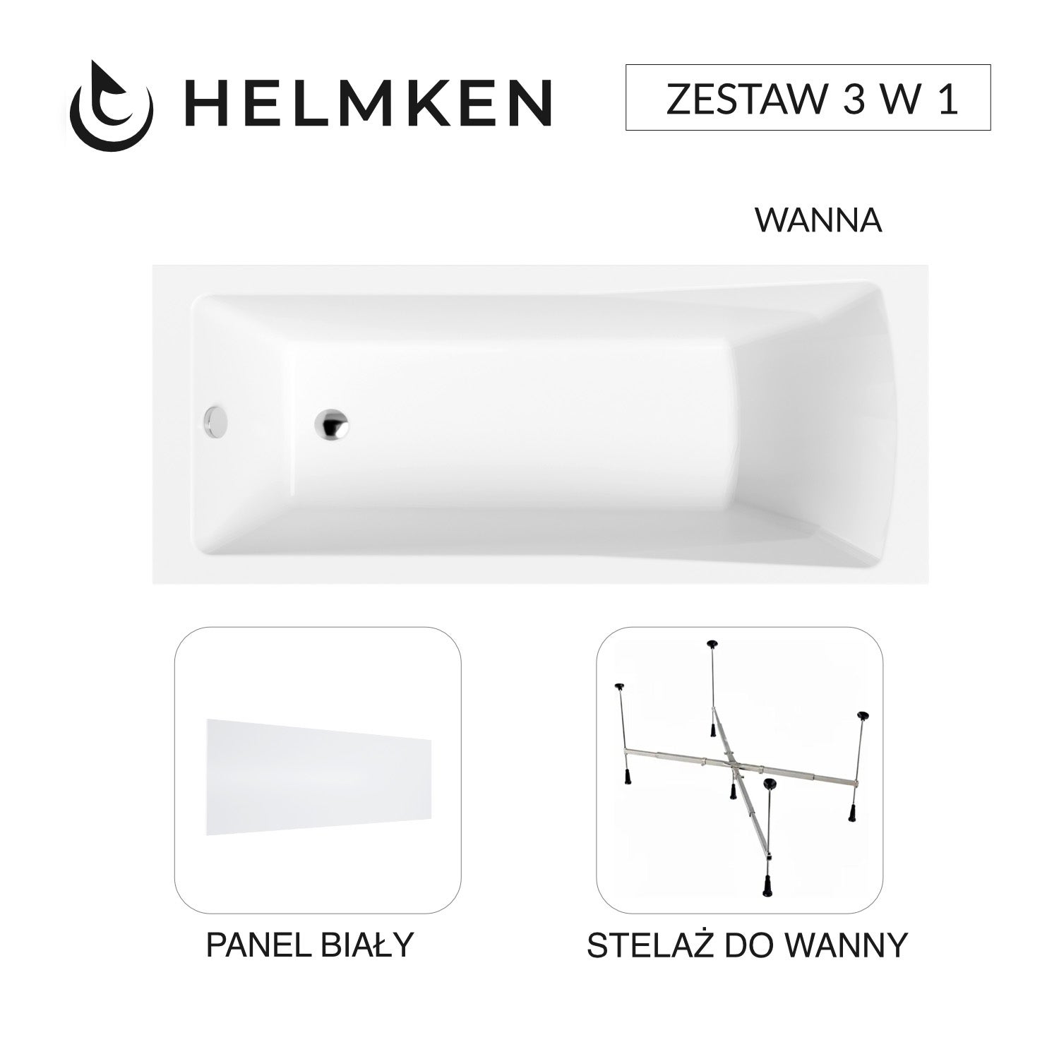 Wanna akrylowa Helmken Aurora 170x70 + Panel Biały + Stelaż uniwersalny do wanien Helmken 21230020 / 35010070-3S