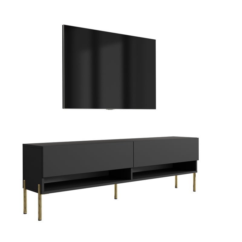 Szafka pod telewizor 170 cm Czarny Mat, nóżki proste złote, 170 × 32 × 52 cm
