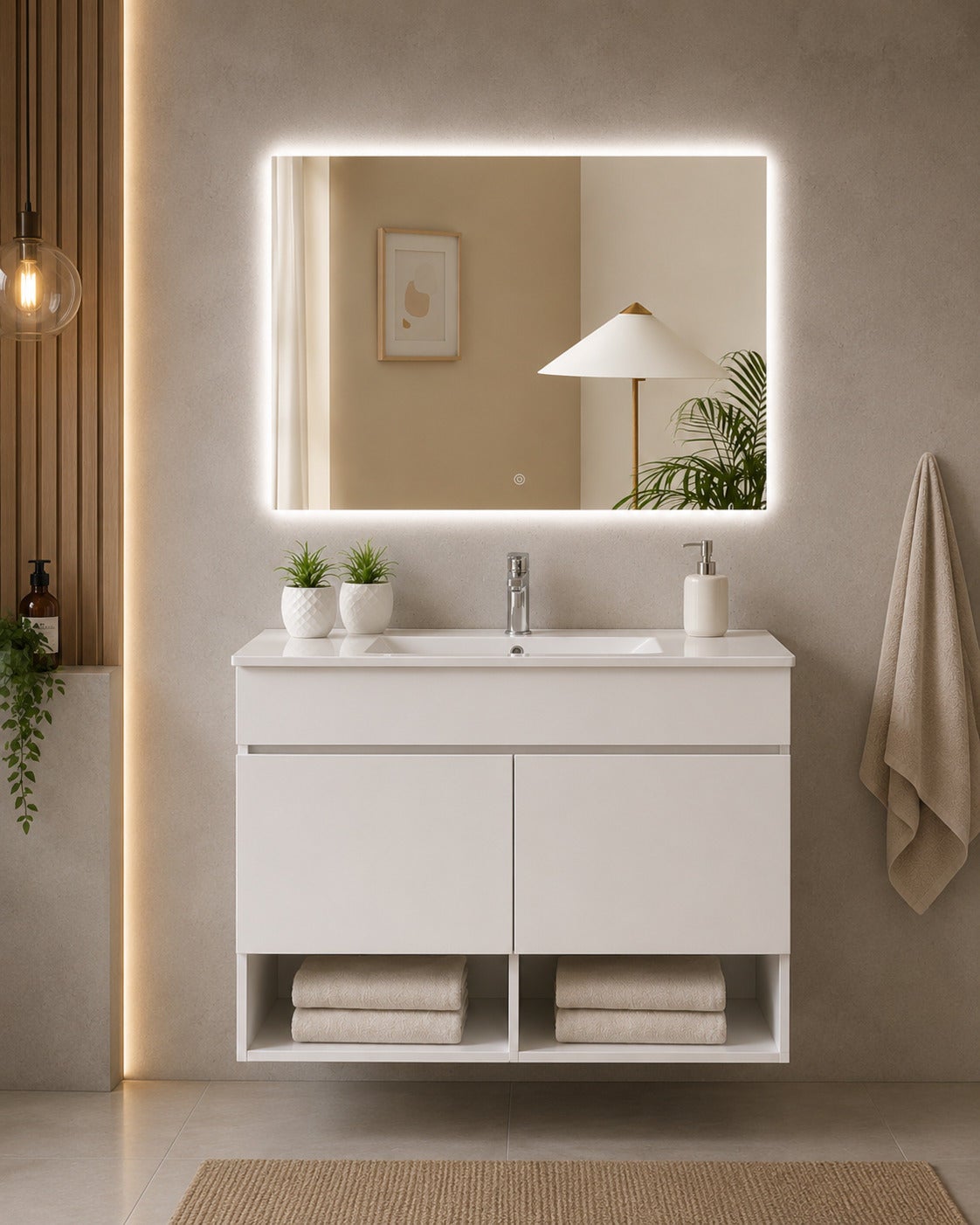 Wisząca szafka łazienkowa z umywalką ORIGENBATH NEBARI z drzwiami 60x35 cm biały