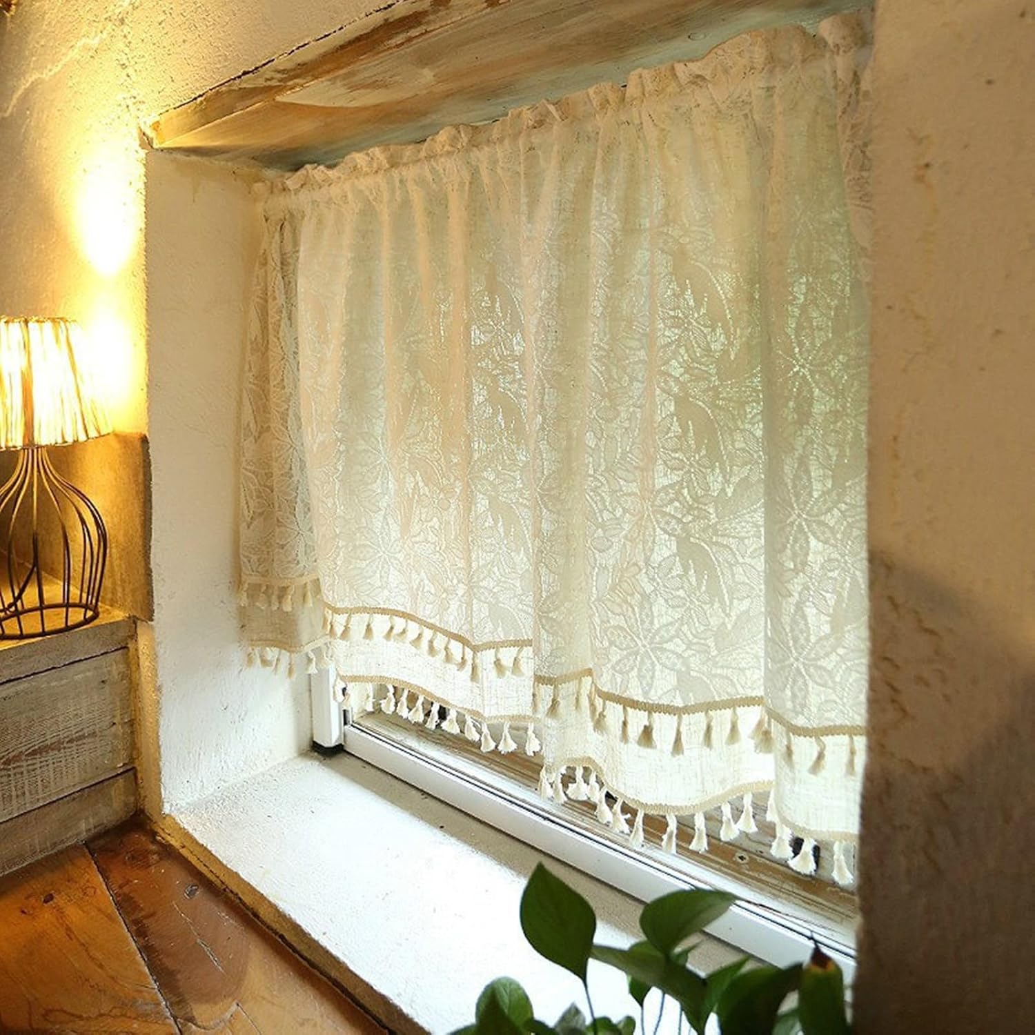 Mała lniano-bawełniana zasłona kuchenna, 135x130 cm, zaciemniająca zasłona z koronkowym wzorem liści, beżowo-biała, styl francuski, 1 szt.