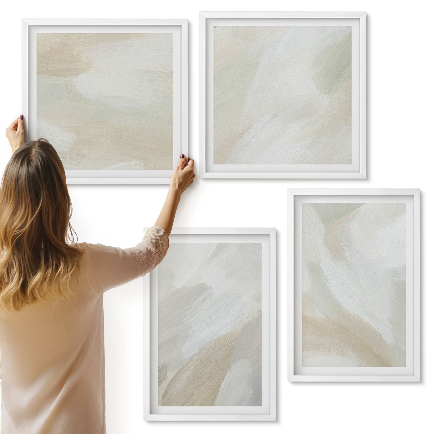 Galeria ścienna 4-częściowy komplet obrazów w białych ramach - Pociągnięcia pędzlem abstrakcja farb na płótnie - ArtPrintCave