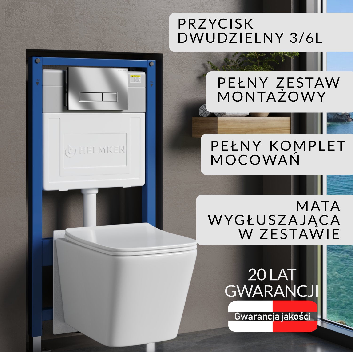 Stelaż podtynkowy WC Helmken 35120001 Zestaw 5w1: Przycisk Chrom HD, Miska bezkołnierzowa Rimless, Deska wolnoopadająca, Mata