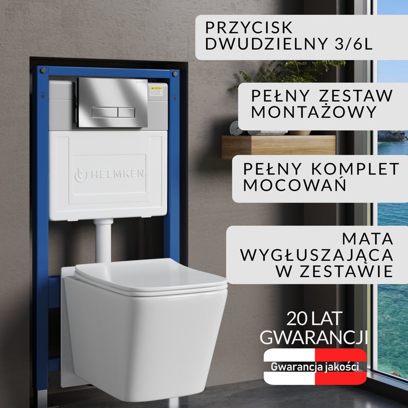 Stelaż podtynkowy WC Helmken 35120001 Zestaw 5w1: Przycisk Chrom HD, Miska bezkołnierzowa Rimless, Deska wolnoopadająca, Mata