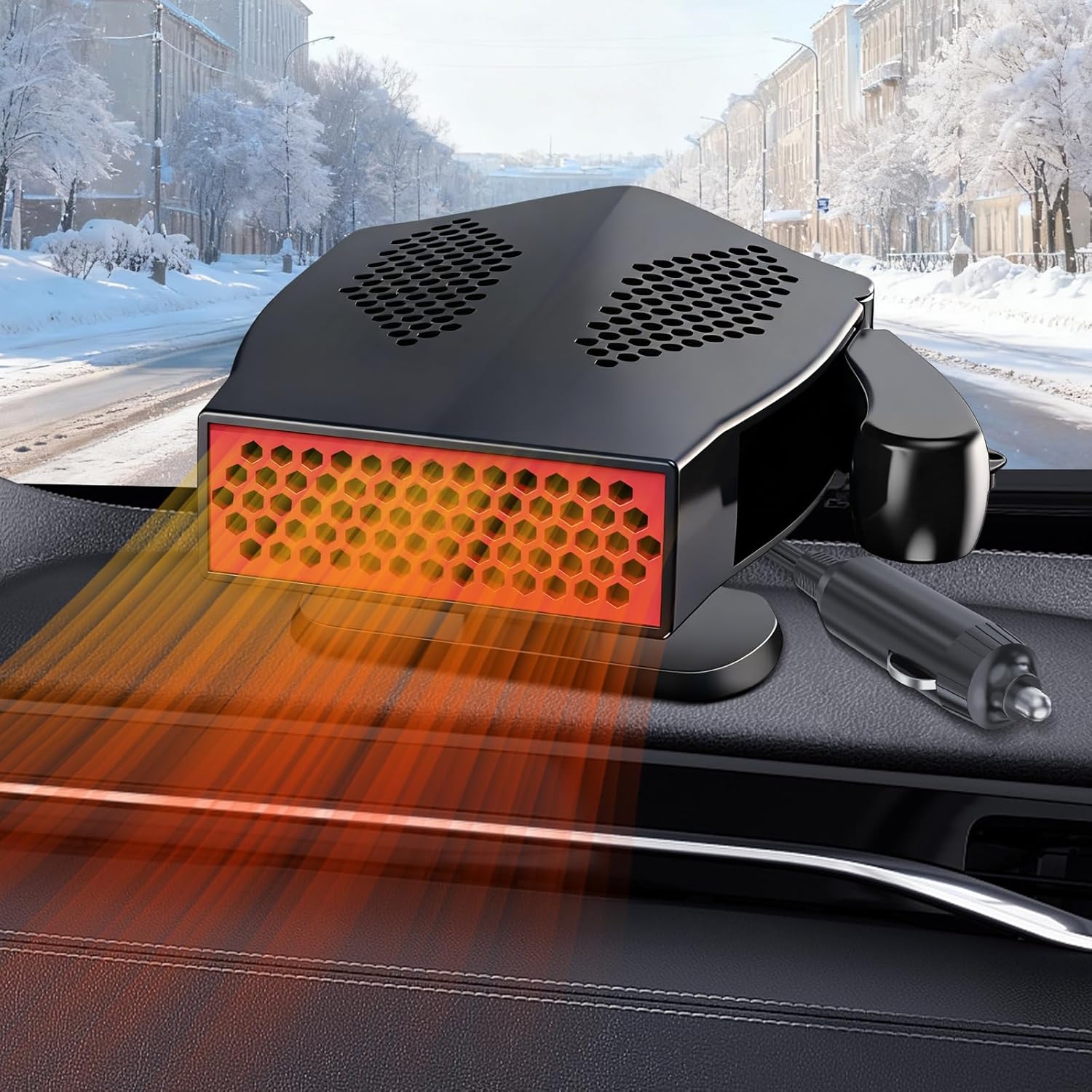 Ogrzewacz samochodowy 12 V: 12 V 150 W i odmrażacz, szybki podgrzewacz szyby samochodowej 2 w 1 z gniazdem zapalniczki i odmrażaczem do użytku na kem