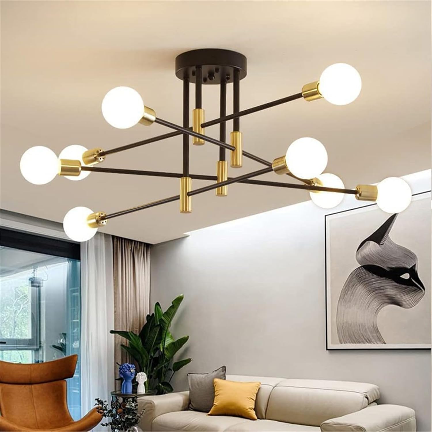Lampa sufitowa w stylu średniowieczno-nowoczesnym z regulowanym ramieniem, odpowiednia do kuchni, jadalni, sypialni, salonów itp., 8 żarówek.