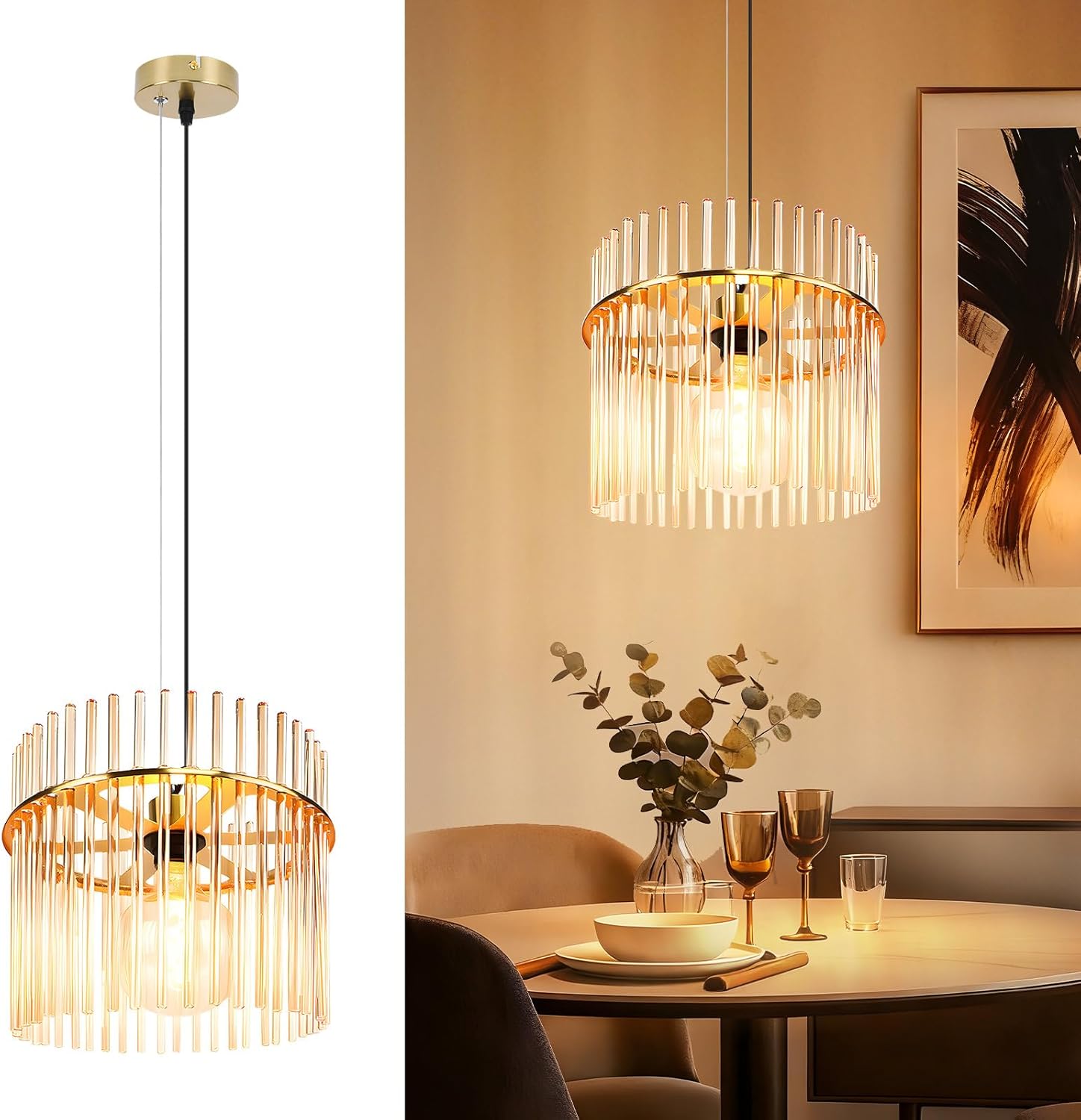 Lampa wisząca Nettlife z jednym płomieniem, nad stół jadalny, lampa wisząca ze szkła E27, lampa wisząca w stylu retro w kolorze złotym (bez żarówki).