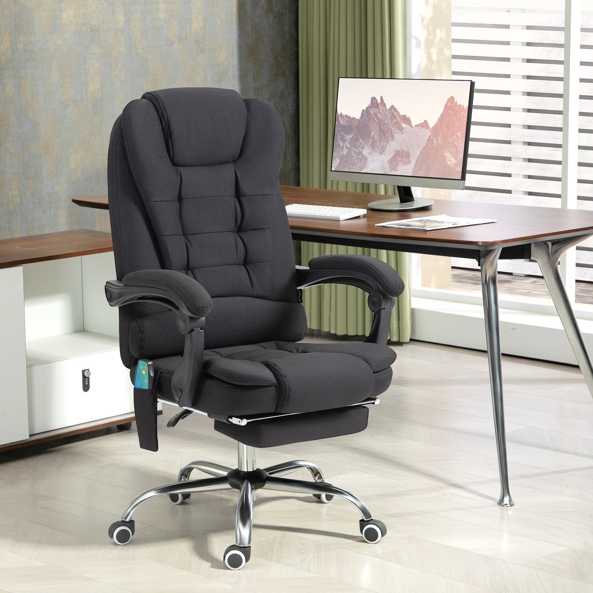 Fotel biurowy z funkcją masażu, ergonomiczny fotel z rozkładaniem, podnóżkiem i ogrzewaniem, czarny, 120 kg