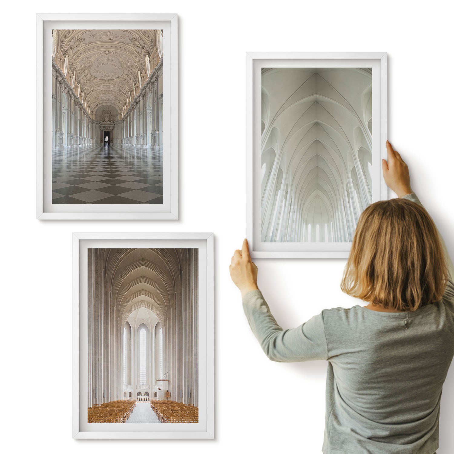 Galeria ścienna 3-częściowy komplet obrazów w białych ramach - Wnętrza historycznych budowli i katedr - ArtPrintCave