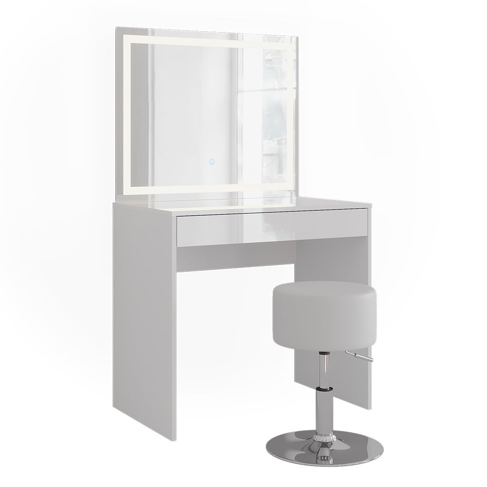 Vicco Stół do toalety Sherry, Biały/Biały wysoki połysk, 81.4 cm z lustrem LED i stołkiem