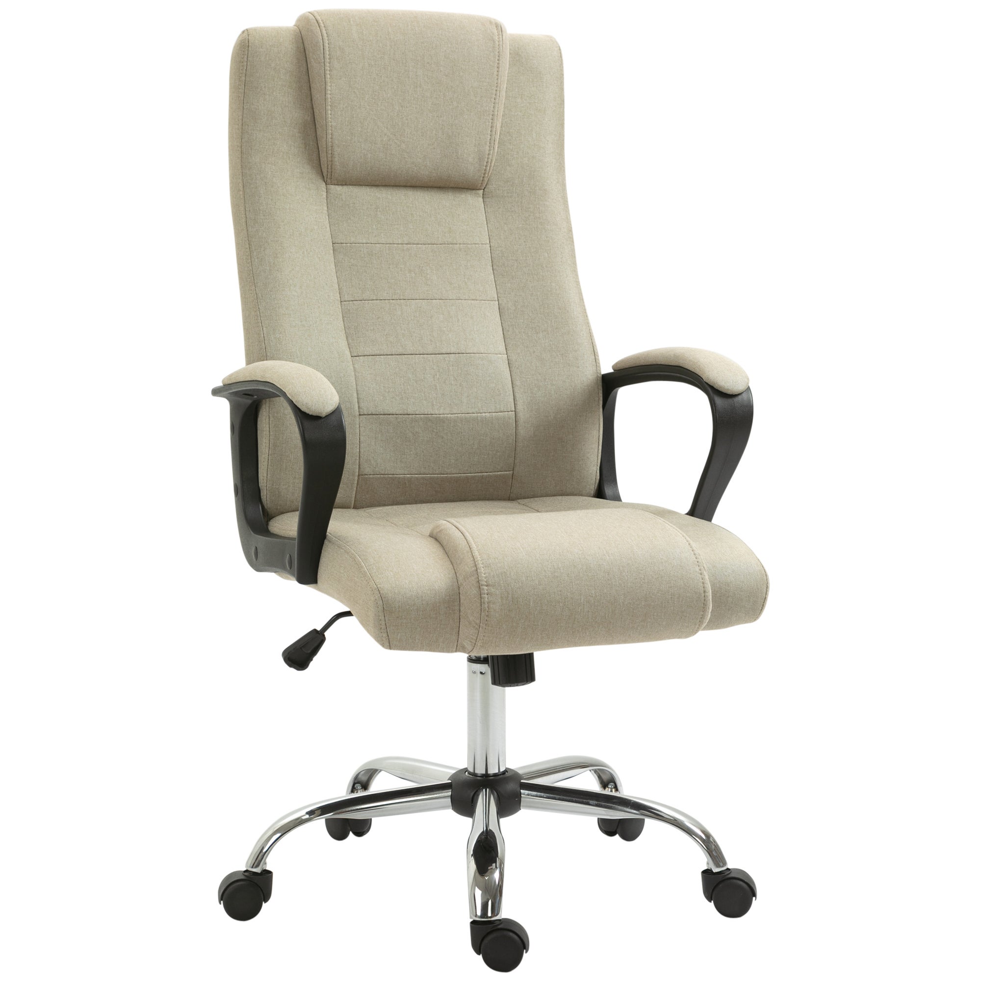 Ergonomiczny fotel biurowy z funkcją odchylania i obrotową regulacją, z tkaniny o fakturze lnu, z zagłówkiem, beżowy