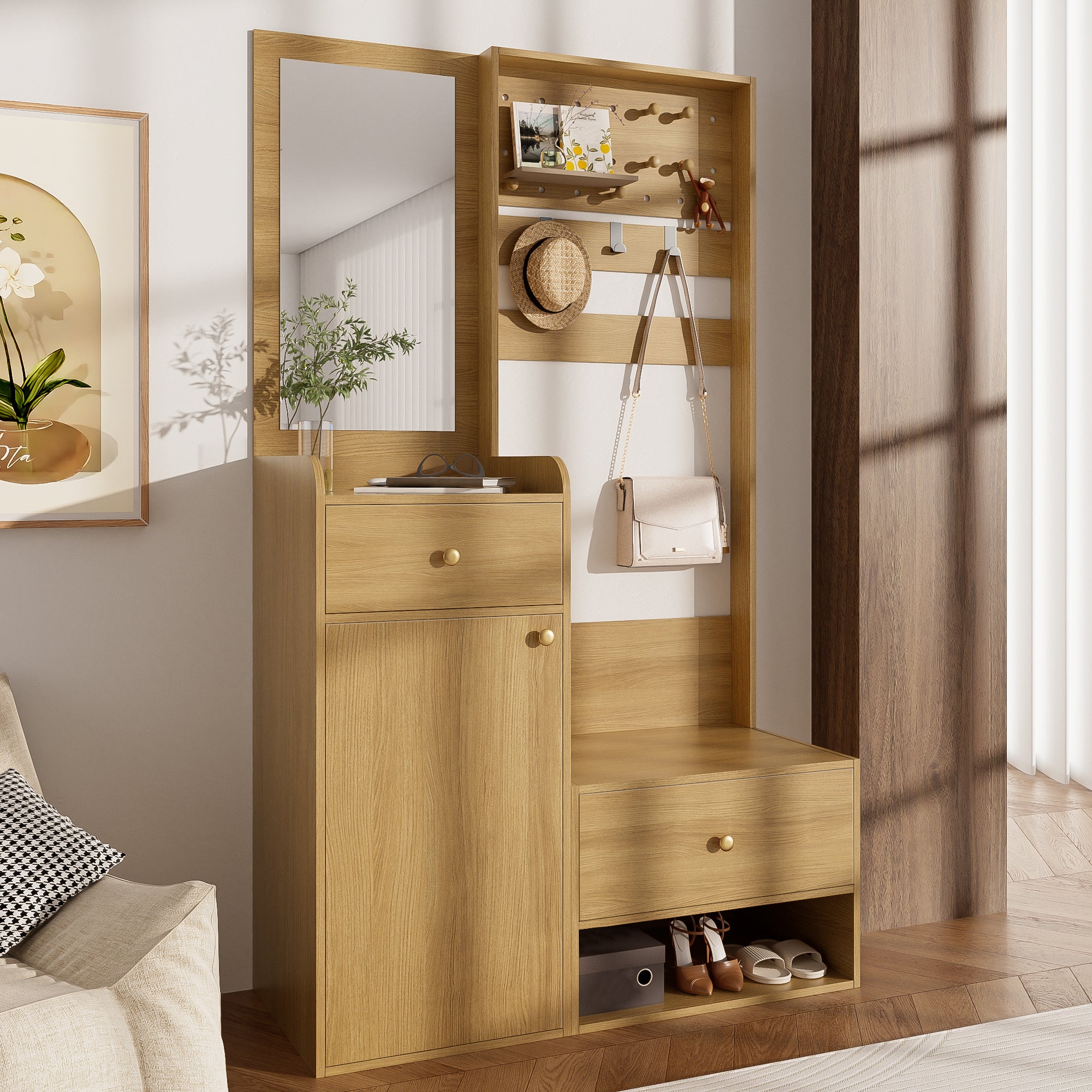 Szafka na buty z lustrem, regulowanymi wieszakami, 2 szufladami i 1 drzwiami - 105 x 38 x 180 cm - Płyta wiórowa - Naturalna
