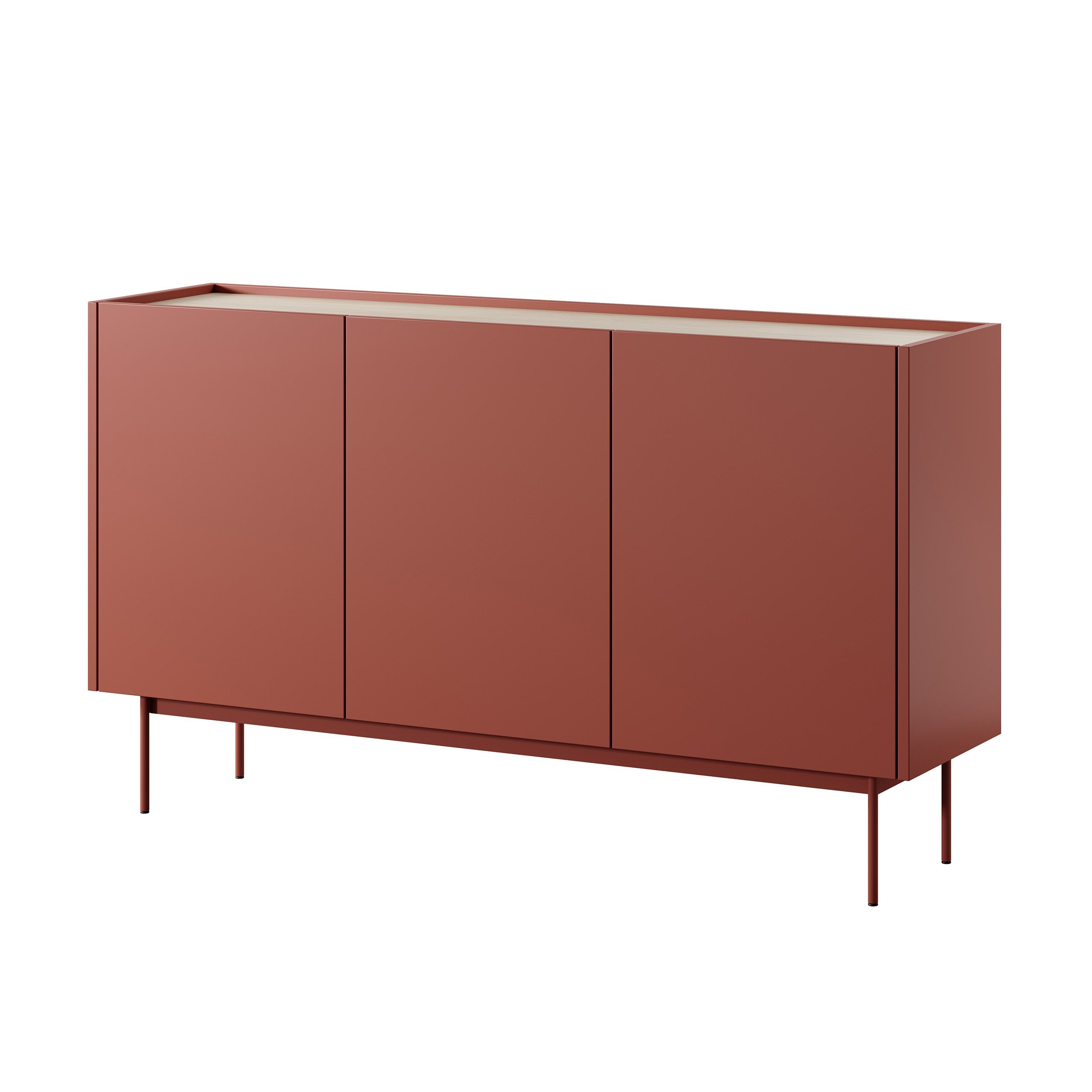 Komoda COLOR ceglasty czerwony z blatem dąb linea, 3 drzwi, nowoczesna forma, bezuchwytowa, na metalowych nogach