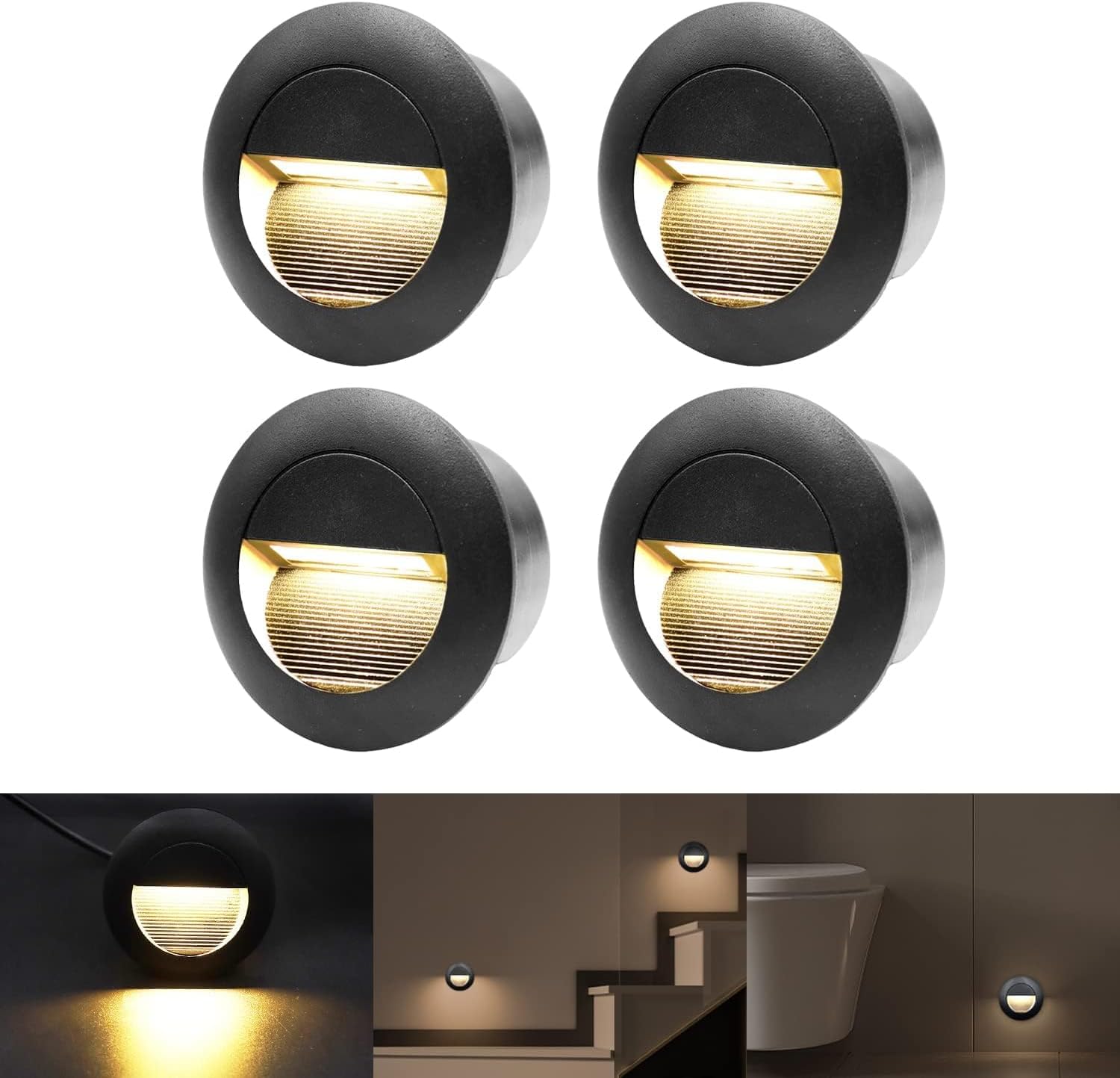 Zestaw 4 lamp wpuszczanych ściennych 3 W, okrągłe lampy schodowe, czarne, ciepła biel, kinkiet z puszką wpuszczaną, 230 V, 65 mm