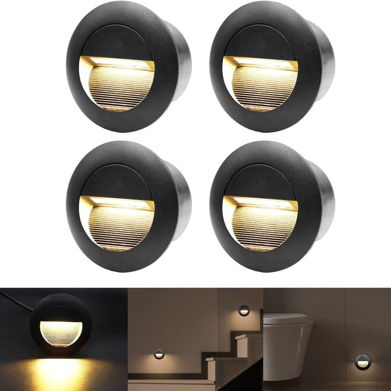 Zestaw 4 lamp wpuszczanych ściennych 3 W, okrągłe lampy schodowe, czarne, ciepła biel, kinkiet z puszką wpuszczaną, 230 V, 65 mm