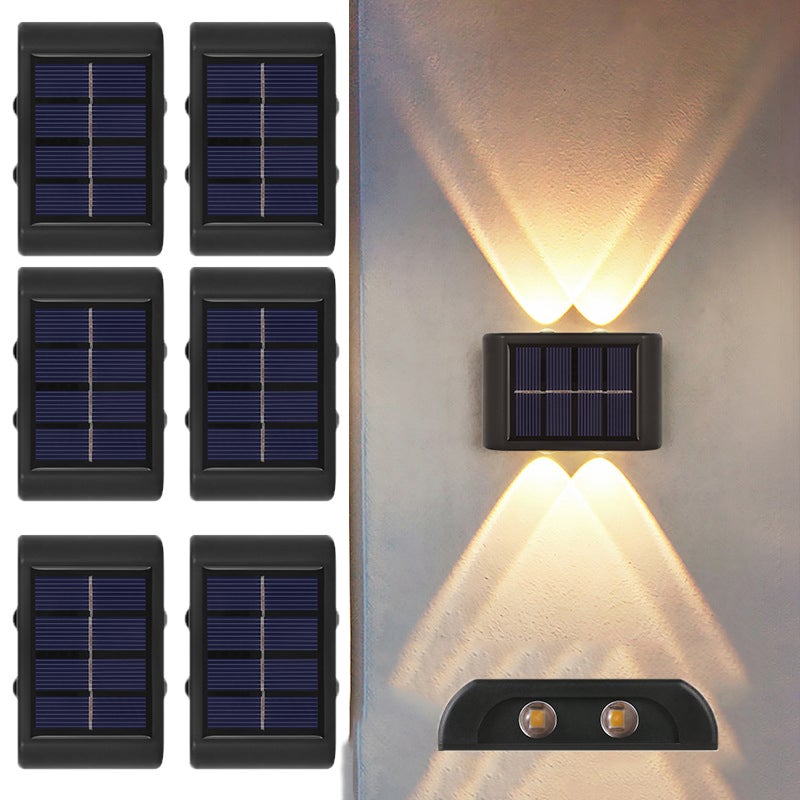Zewnętrzna lampa solarna 4 LED, oświetlenie w górę i w dół, do ogrodu, schodów, tarasu, poręczy, werandy - Ciepłe światło 3000K (6 szt.)