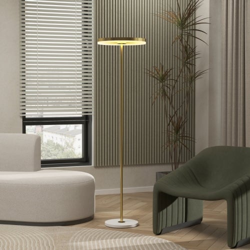 Lampa Podłogowa LED Ściemnialna Złota, Metalowa Akrylowa Lampa Stojąca, 3 Barwy Światła z Przełącznikiem Nożnym do Salonu i Sypialni