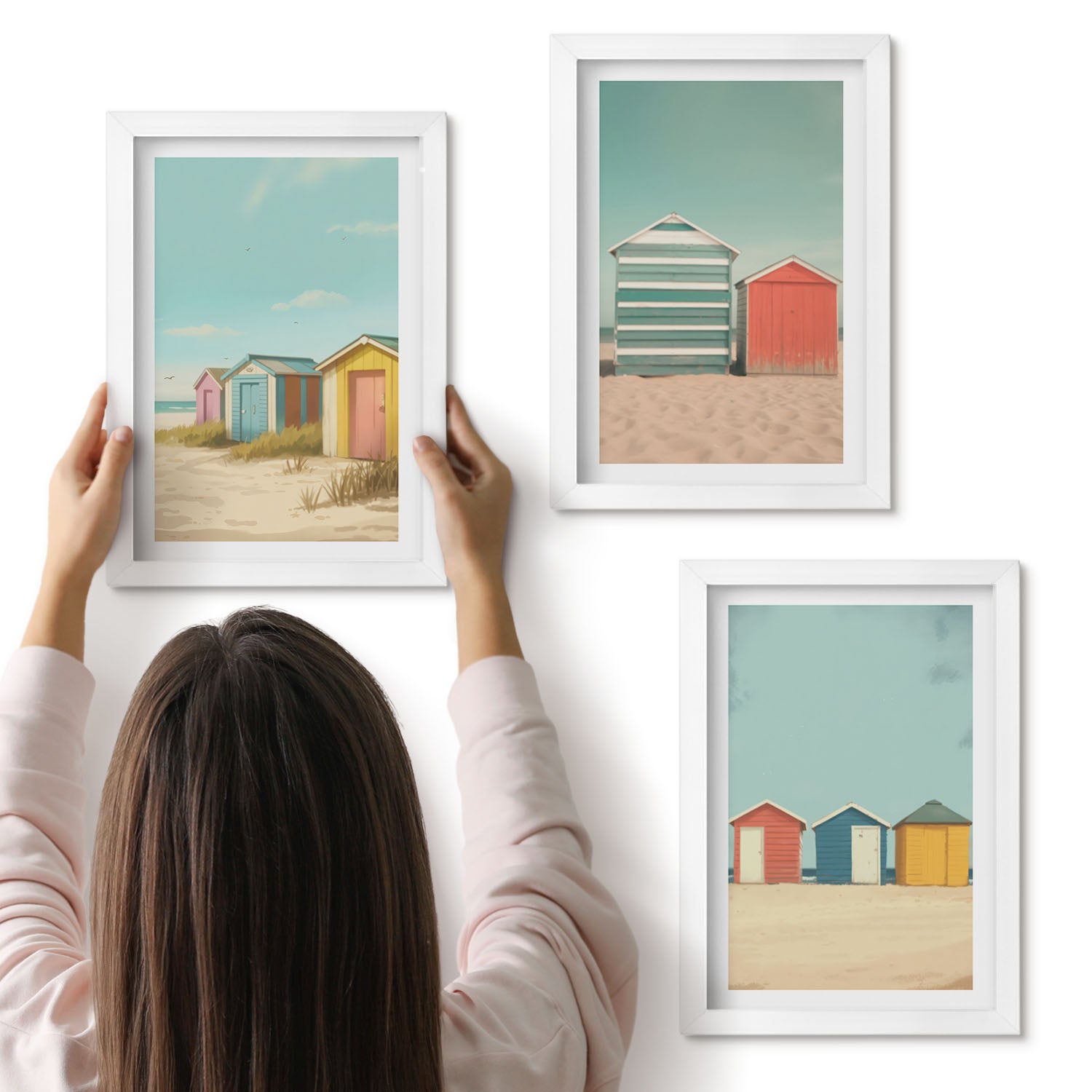 Galeria ścienna 3-częściowy komplet obrazów w białych ramach - Kolorowe domki na plaży w letnim słońcu - ArtPrintCave