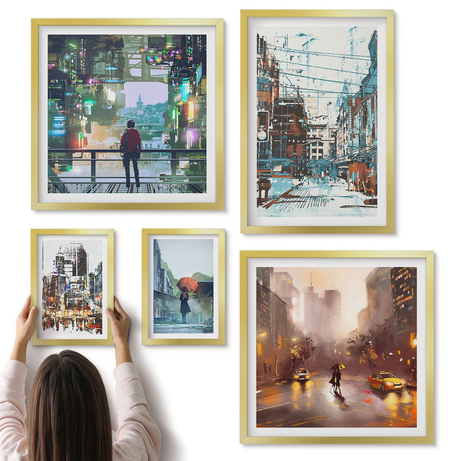 Galeria ścienna 5-częściowy komplet obrazów w złotych ramach - Nowoczesne miejskie pejzaże z ulicami i postaciami - ArtPrintCave