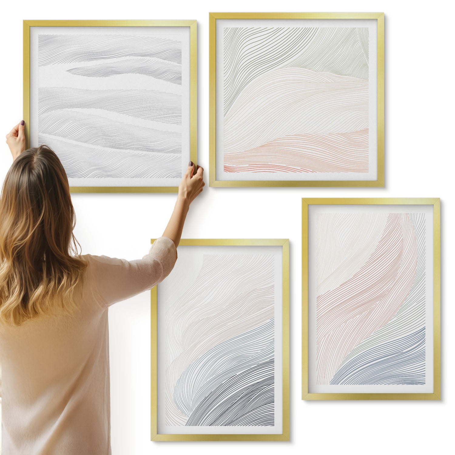 Galeria ścienna 4-częściowy komplet obrazów w złotych ramach - Abstrakcyjne fale malunek tektury pastelowe barwy - ArtPrintCave