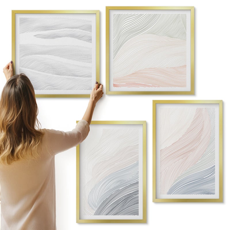 Galeria ścienna 4-częściowy komplet obrazów w złotych ramach - Abstrakcyjne fale malunek tektury pastelowe barwy - ArtPrintCave