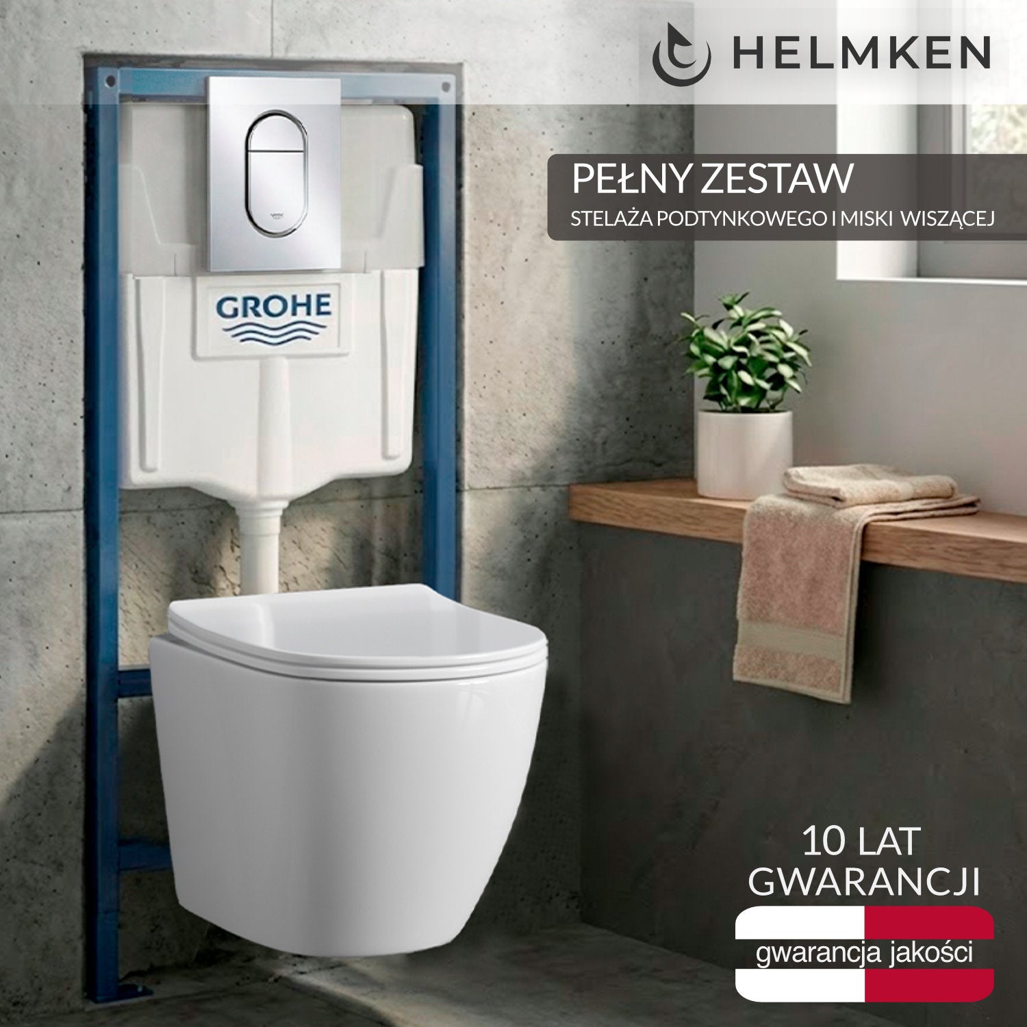 Zestaw podtynkowy WC 4w1: Stelaż Grohe, Chrom Przycisk 39702000, Miska bezkołnierzowa Helmken 35490101 (Biała), Deska wolnoopadająca duroplast