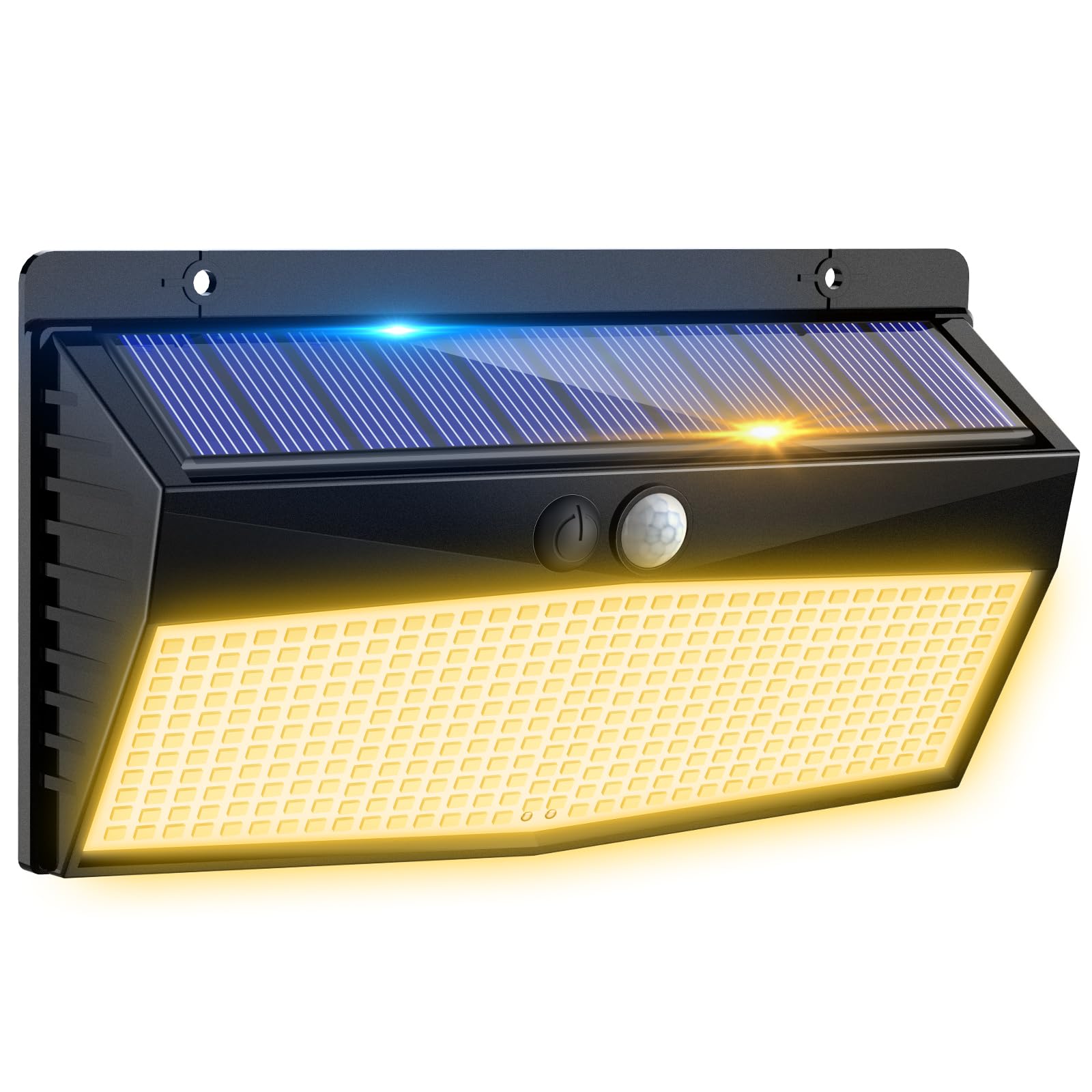 Wodoodporna zewnętrzna lampa ścienna solarna z czujnikiem ruchu, 368 LED, 3 tryby oświetlenia, odpowiednia do garaży i na tarasy, światło ciepłe