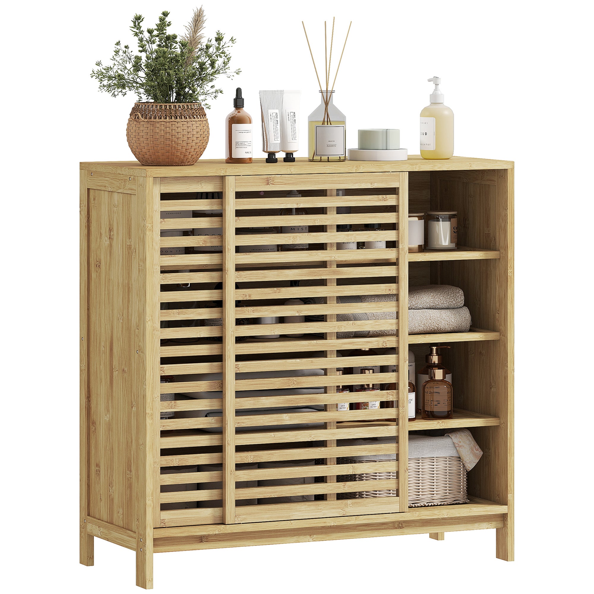 Szafka łazienkowa z naturalnego bambusa z 2 drzwiami przesuwnymi, konstrukcja listwowa, 4 półki, 80 x 34 x 80 cm