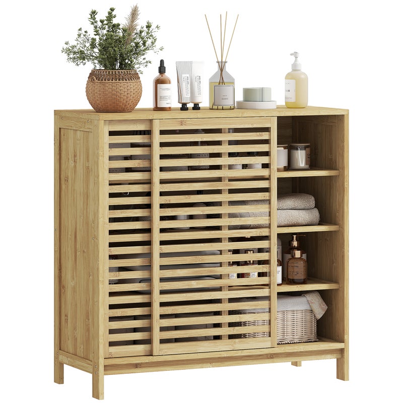 Szafka łazienkowa z naturalnego bambusa z 2 drzwiami przesuwnymi, konstrukcja listwowa, 4 półki, 80 x 34 x 80 cm