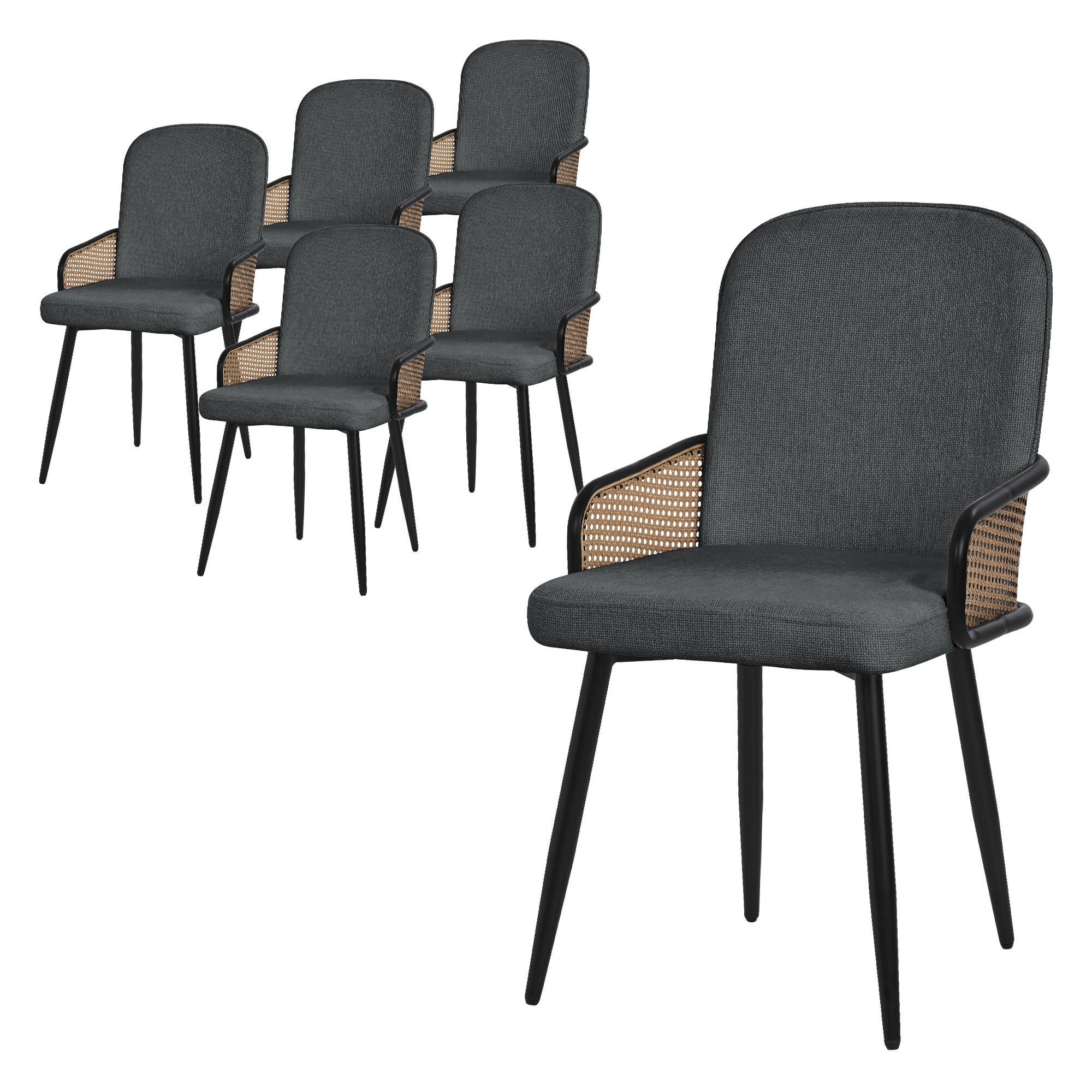 ML-Design zestaw 6 krzeseł tapicerowanych antracyt do jadalni i kuchni ergonomiczne z podłokietnikami imitacja rattanu metalowe nogi komfortowe