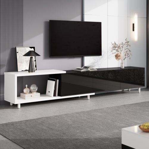 Rozkładana szafka RTV - 3 drzwi lakierowane na wysoki połysk - Nogi metalowe - 258x38x48,5 cm - Płyta MDF - Czarno-biała