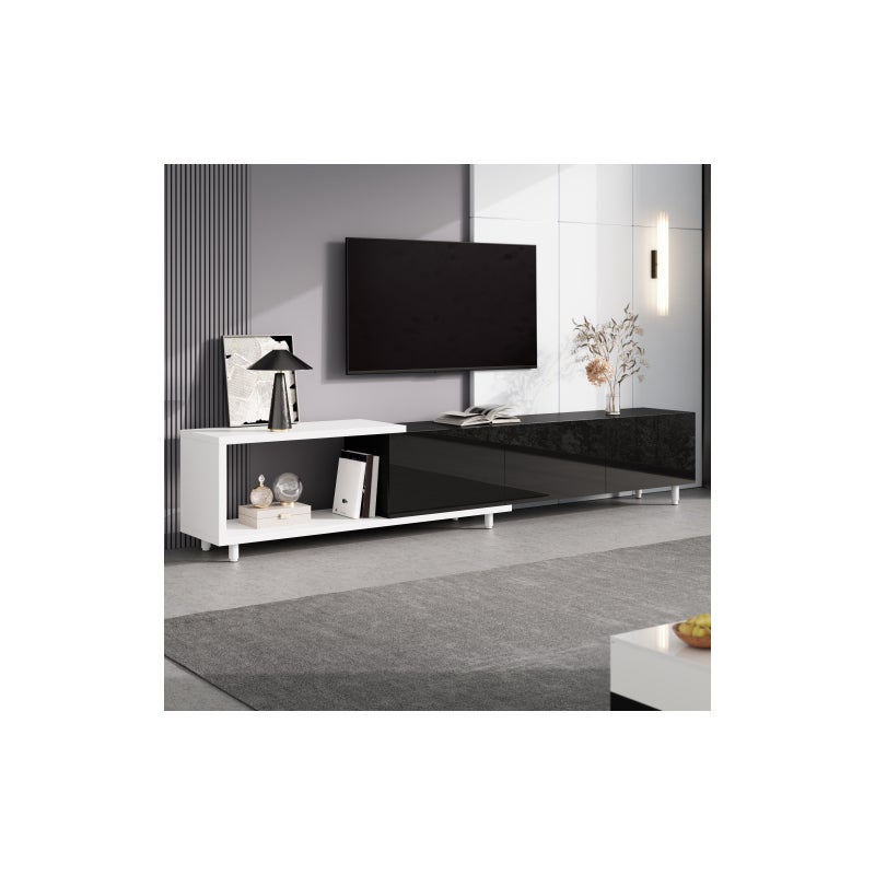 Rozkładana szafka RTV - 3 drzwi lakierowane na wysoki połysk - Nogi metalowe - 258x38x48,5 cm - Płyta MDF - Czarno-biała