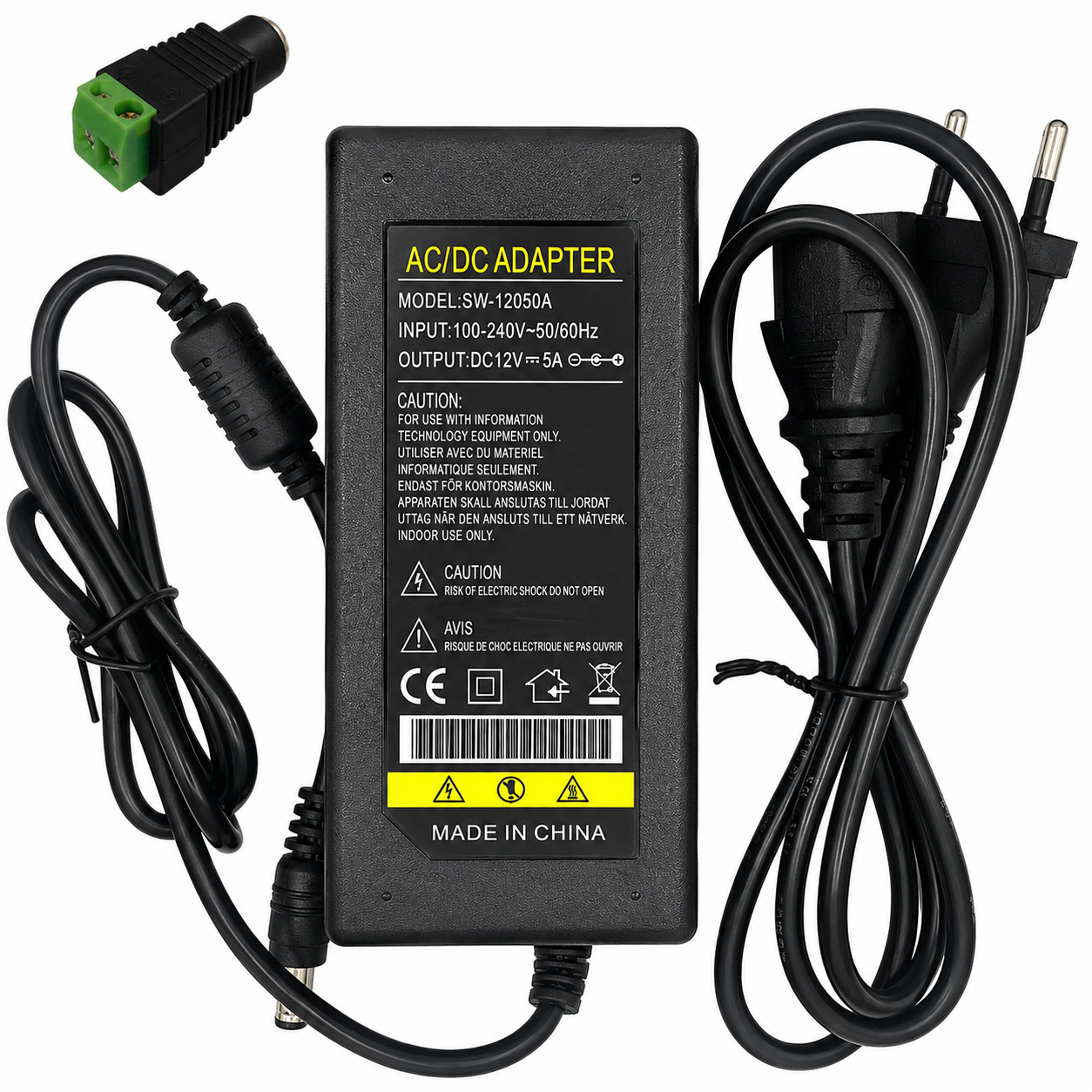 Zasilacz Transformator wtykowy 110/220 V AC na 12 V DC 60 W 5 A, kabel 1 m i złącze żeńskie