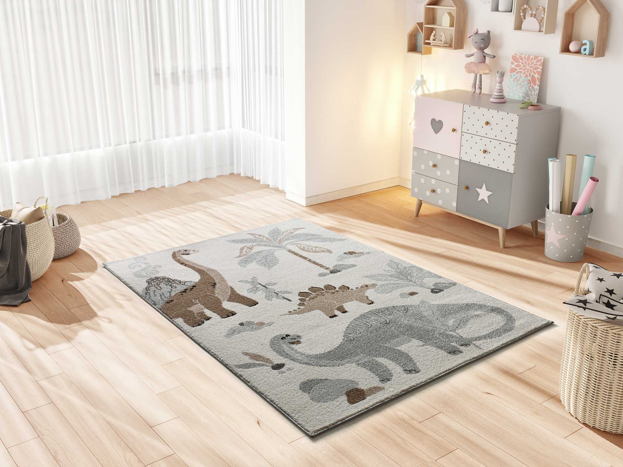 Prostokątny biały dywan 120 x 170 cm BEATS kids dinosaurs - ATTICGO