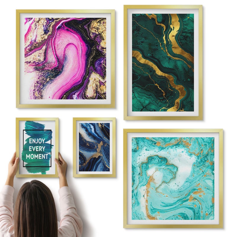 Galeria ścienna 5-częściowy komplet obrazów w złotych ramach - Abstrakcyjne wzory w odcieniach zieleni i fioletu - ArtPrintCave