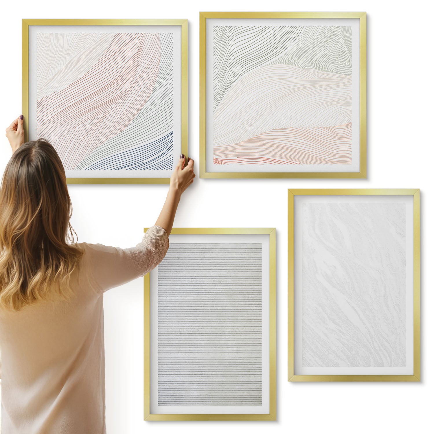 Galeria ścienna 4-częściowy komplet obrazów w złotych ramach - Jasne struktury sznur wzory na piasku - ArtPrintCave