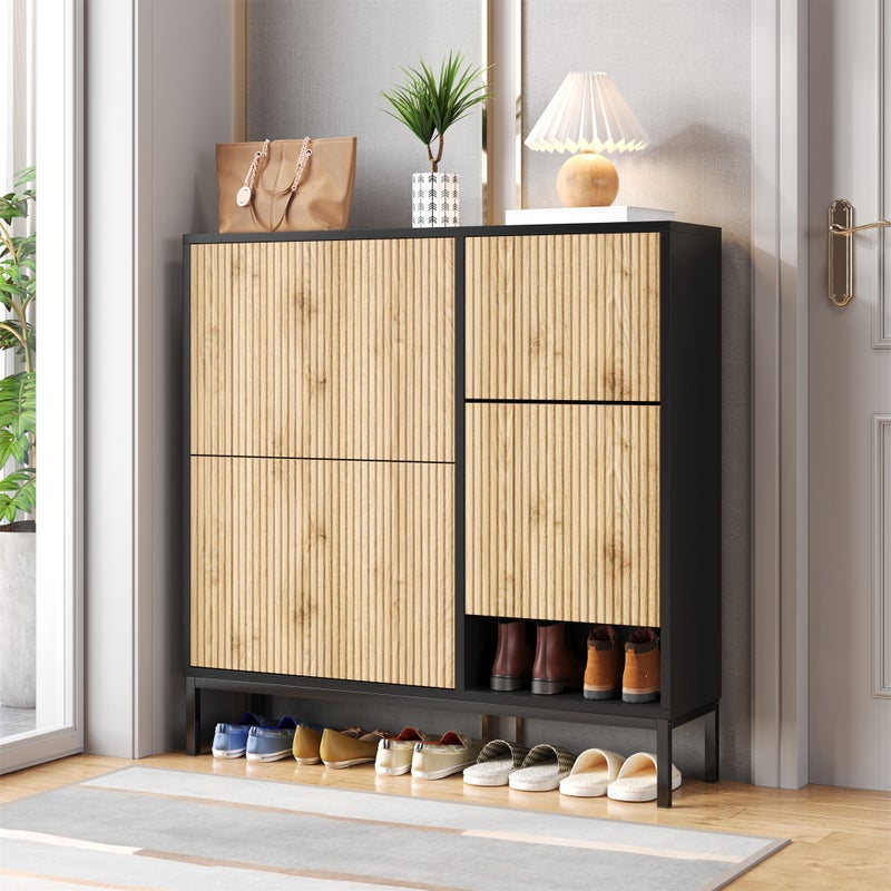 Szafka na buty z 3 drzwiami, ławka przesuwna, 3 drzwi na 12 do 16 par - MDF - 100 x 25 x 100 cm - Czarny i naturalne drewno