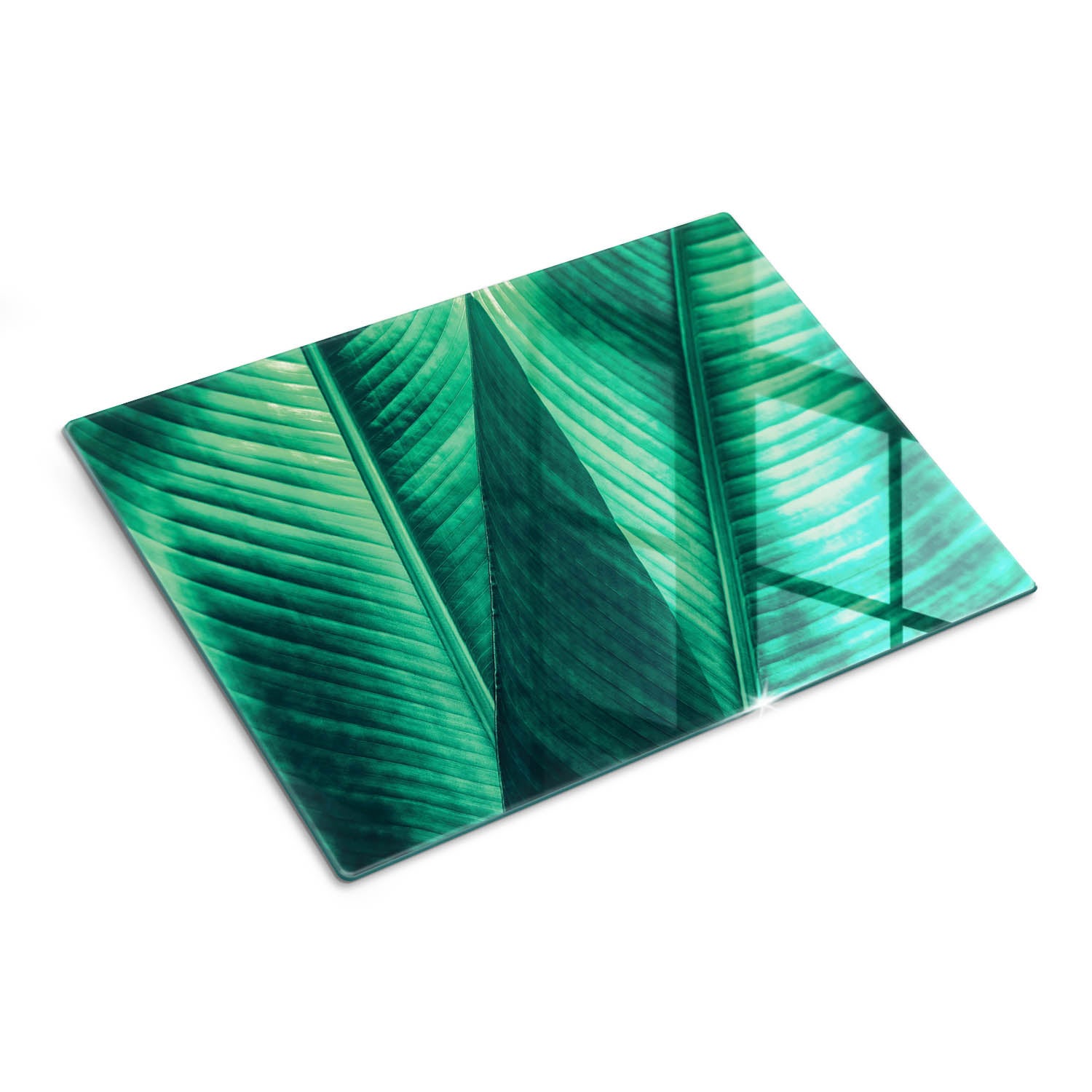 Designerska szklana deska do krojenia z ozdobną grafiką - Zielone Liście - 30x40 - Tulup