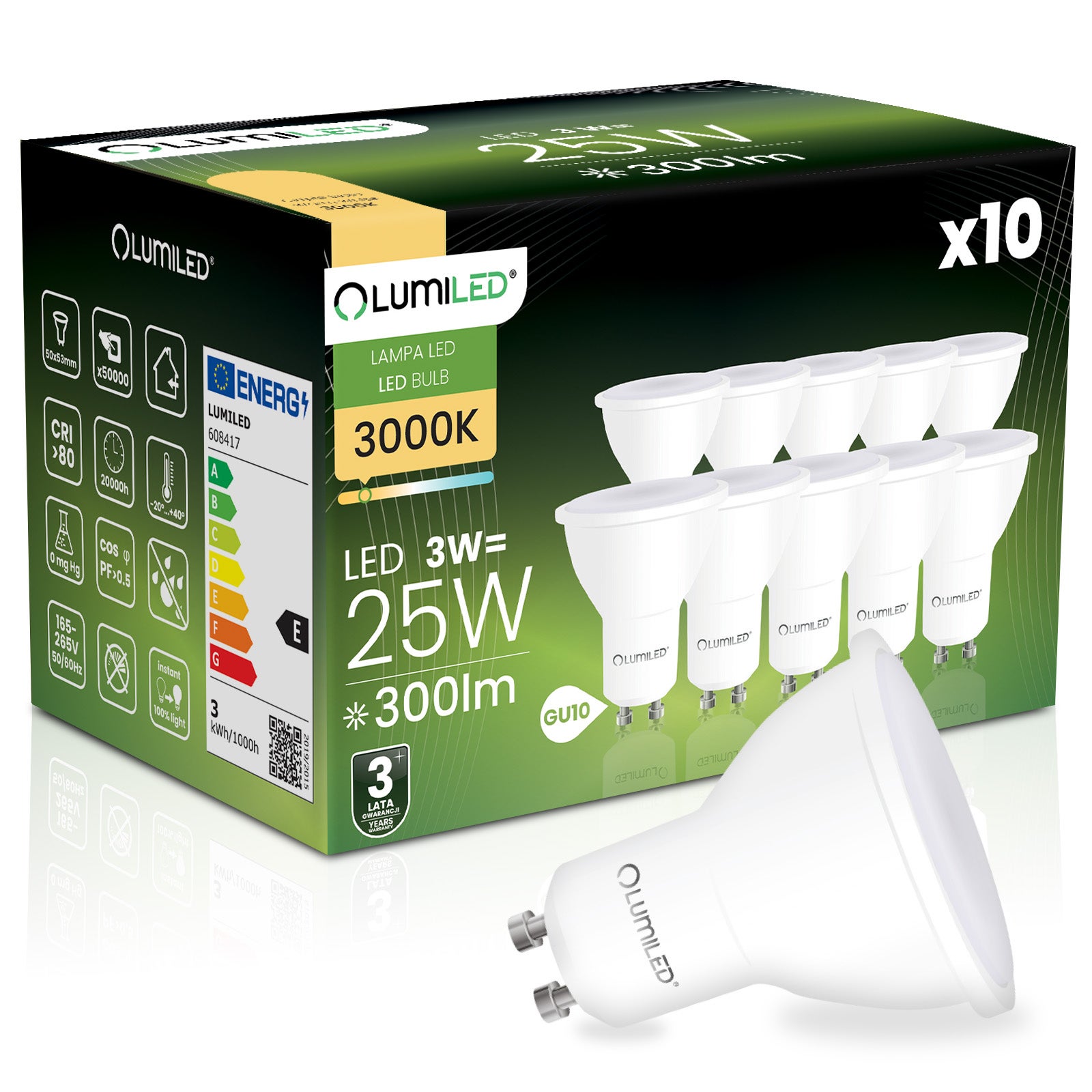 10x Żarówka LED GU10 Reflektor PAR16 3W 300lm 3000K Ciepła biel 120st LUMILED