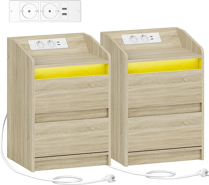 Stolik Nocny z oświetleniem LED, ze stacją ładującą i 2 szufladami, z portami USB i gniazdami zasilania, do salonu i sypialni Dębu