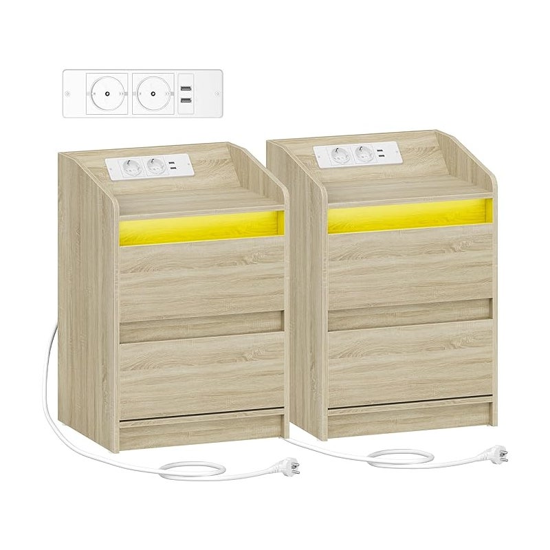 Stolik Nocny z oświetleniem LED, ze stacją ładującą i 2 szufladami, z portami USB i gniazdami zasilania, do salonu i sypialni Dębu