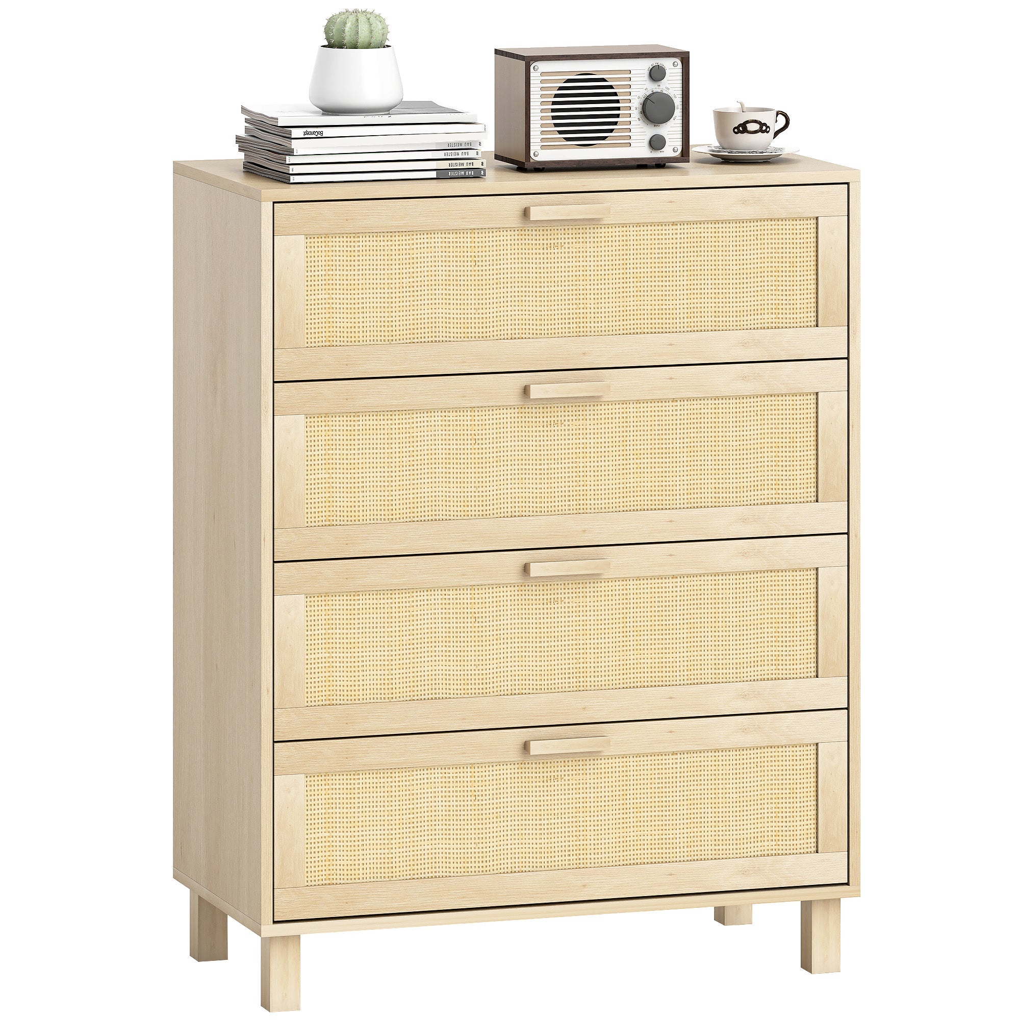 Komoda 4-szufladowa z plecionką rattanową, wymiary 80 dł. x 40 szer. x 103 wys. cm, płyta MDF, imitacja jasnego drewna
